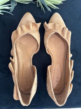 IRO Tan Suede Ruffle and Leather Pointed Flats Size 9.5 Genuine Portuguese Shoe